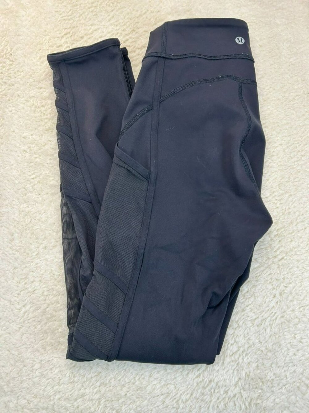 Lululemon Black High-Waisted Full-Length Leggings With Mesh Panel Details & Side